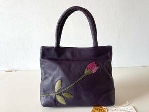 極美品◎日本製 IBIZA イビサ バッファローレザーハンドバッグ　フラワーモチーフ　花　紫　パープル　水牛