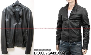 新品 同様 DOLCE&GABBANA 即完売 背面 ロゴプレート ラムレザー ジャケット 48 ライダース 黒 ブルゾン 羊革 L ダウン ドルチェ&ガッバーナ