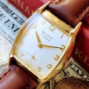 #3355【渋くてお洒落】メンズ 腕時計 ブローバ 機械式 手巻き BULOVA 金メッキ 動作品 アンティーク ヴィンテージ 17石 1959年 新品ベルト