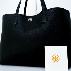 1円■超美品■Tory Burch トリーバーチ 肩掛け ロゴ トートバッグ ビジネス トラベル 大容量 A4可 レディース メンズ レザー ブラック 黒