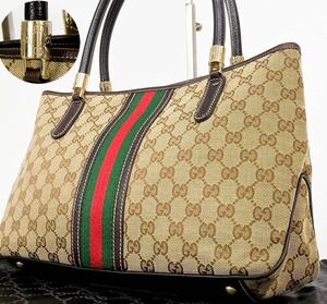 極美品/A4●グッチ GUCCI トートバッグ ハンドバッグ メンズ ビジネス 大容量 GGキャンバス シェリーライン 金具 レザー 本革 ブラウン 