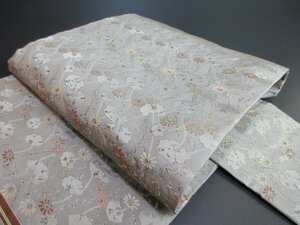 1円 中古 正絹 名古屋帯 和装 和服 アンティーク 花立涌 渋い 花柄 六通柄 九寸帯 高級 長さ351cm【夢職】★★★