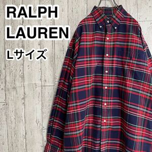 ☆送料無料☆ Ralph Lauren ラルフローレン 長袖シャツ L ネイビー レッド グリーン ビッグシルエット メガチェック 24-15