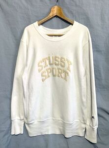 ☆美品　Champion REVERSE WEAVE × STUSSY 別注　青単色タグ復刻 ロゴワッペン 裏起毛クルーネックスウェット ホワイト M