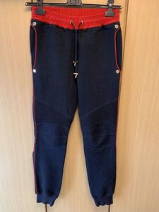 国内正規 16AW BALMAIN バルマン 蛇腹 バイカー パイピング 裾リブ スウェット パンツ 紺赤 S W6HJ583D323P