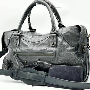 ●高級●BALENCIAGA バレンシアガ 2way シティ ハンドバッグ ショルダーバッグ 鞄 かばん ミラー付き 斜め掛け可 本革 レザー ダークグレー