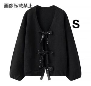 black vintage ヴィンテージ レトロ スパンコール リボン ニット カーディガン トップス Sサイズ レディース★ZARA 好きな方に★新作 新品