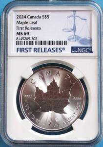 ★★ メープルリーフ 2024年 ５c＄ １oz .9999銀貨 NGC MS69 First Releases★★