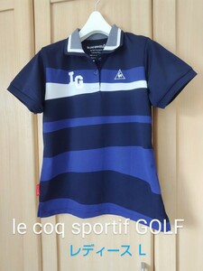 Le coq sportif Golf レディースL ルコックスポルティフ ゴルフ NATURE TECH 半袖 ポロシャツ ネイビー ボーダー 