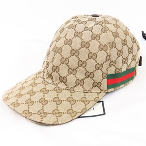 42068★1円スタート★GUCCI グッチ 新品同様美品 GG柄 ベースボール M 58cm シャリ―ライン キャップ ポリウレタン ナイロン ブラウン