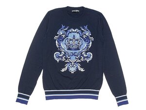 極美品 DOLCE & GABBANA ドルガバ クラウン & マヨルカ エンブロイダリー シルク ニット セーター ダークネイビー シルク100% メンズ 44