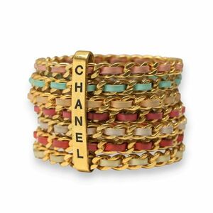 良品 ◆超レア◆ 93C Vintage CHANEL シャネル Seven Band Bracelet ロゴ レザー チェーン ブレスレット バングル マルチカラー 正規品