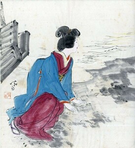 伊藤晴雨画稿「海を見つめる女性」　彩色　和紙　サイン、落款　27×24.5　Seiu Ito