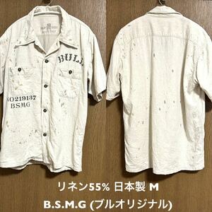 リネン55% Mサイズ！日本製 B.S.M.G (ブルオリジナル)×GLADHANDグラッドハンド 古着半袖ヘリンボーンワークシャツ ナチュラルアイボリー