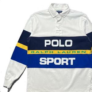 POLO SPORT ポロスポーツ 長袖ポロシャツ Mサイズ相当 ビッグロゴ US古着ラガーシャツ ラルフローレン ボーダー ホワイトブルーイエロー