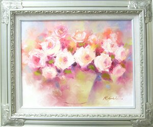 絵画 油絵 青木今陽 静物画 白とピンクの薔薇 送料無料