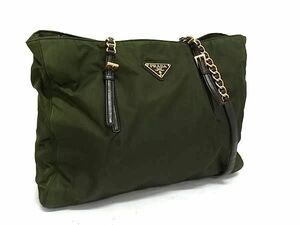 1円 ■美品■ PRADA プラダ テスートナイロン×レザー チェーン トートバッグ ショルダーバッグ 肩掛けかばん グリーン系 BL4510