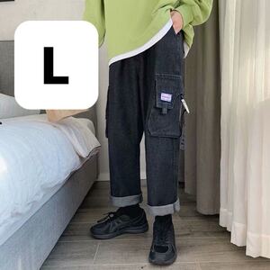  デニム ワイドパンツ ジーンズ ボトムス ストレートパンツ ルーズパンツ ワイドデニム トレンド ストリート デニム ワイド ブラック 黒 L