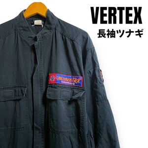 VERTEX ヴェルテックス 長袖ツナギ つなぎ オールインワン 作業服 ワーキングウェア ジャケット 襟付き プリントロゴ ネイビー×イエロー 