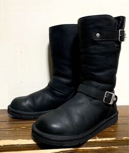 美品:UGG(アグ).リアルムートンレザー エンジニア ブーツ 25(レディース/黒/KENSINGTON/表面.防水.牛革/内側.羊毛革/emu degner/バイカー)