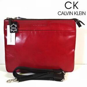 新品 定価3.85万 カルバンクライン CK CALVIN KLEIN 2WAY 本牛革 レザー ショルダーバッグ クラッチバッグ 赤 黒 メンズ 男性 紳士用