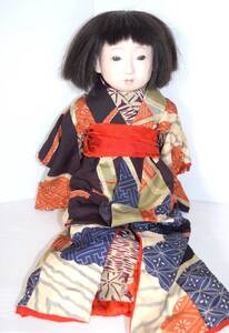 M 古い 市松人形 潮龍 銘 女の子 着物 骨董品 人形 日本人形 全長37ｃｍ