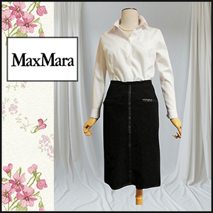 【MaxMara/マックスマーラ】タイトスカート☆ストレッチ☆牛革使い 40　黒　ブラック　通勤　ビジネス　膝丈　伸縮性　　匿名発送