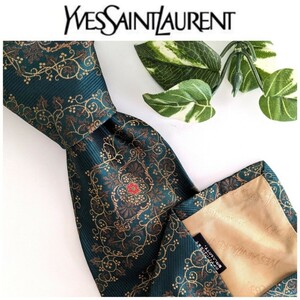 極美品 イヴ サンローラン YVES SAINTLAURENT ヴィンテージ 上質 シルク ネクタイ ボタニカル 花柄 フラワー ペイズリー 柄 グリーン 緑