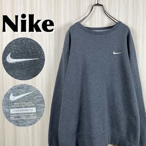 【人気・定番】NIKE ナイキ ワンポイント 刺繍ロゴ スウッシュ ビッグサイズ 裏起毛 スウェット トレーナー XXLサイズ グレー 古着