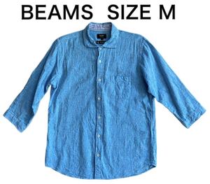 【送料無料】中古 BEAMS ビームス 7部丈 リネン シャツ 麻混 ブルー HERDMAN LINEN サイズM