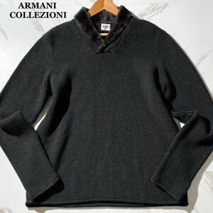 美品!!希少XL◎ARMANI COLLEZIONI アルマーニコレツォーニ ニット トップス メンズ 秋冬 ウール ショールカラー ムートン襟 50 ファー 伊製