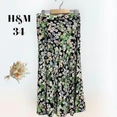 H&M 黒花柄スカート　サイズ34 裏地なし　鮮やか可愛い　きれいめ