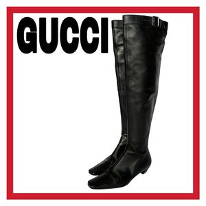 レディース GUCCI [グッチ] レザー ロングブーツ スクエアトウ ローヒール ストラップベルト ブラック 黒 35.5 22.5cm シューズ イタリア製