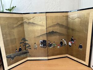 真作保証 春峰 在銘 落款 金屏風 屏風 大名行列 / 4曲片 1面のサイズ(約)92x43cm / 骨董 中国古玩 古画 古筆（管理No.n2f）