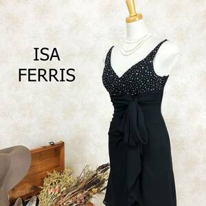 イサフェリス ISA FERRIS ドレス ブラック S ショール付き 胸パッド ひざ丈 ビーズ 黒 レースアップ チュール エレガント パーティー B-286