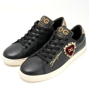 GQ0294*イタリア製《ドルチェ＆ガッバーナ DOLCE＆GABBANA》ベロア ハートワッペン ロゴ レザースニーカー 37(24cm相当) ブラック