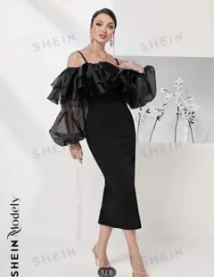 SHEIN モデリーゴールドショルダー ビッグフリルタルミスカート ブラック