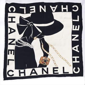 良品 CHANEL シャネル マドモアゼル 大判 スカーフ ブラック シルク 100％ レディース k4552