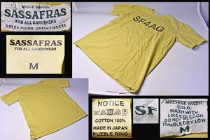 SASSAFRAS ★ ササフラス ★ Tシャツ ★ M ★ カラシ色 ★ FOR ALL GARDENERS ★ GREEN THUMB GREEN FINGERS ★ 日本製 ★ 綿100% ★ 中古