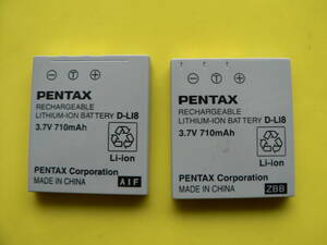 ◆ PENTAX 純正充電池 D-Li８,２枚・立派に使える、美品 ◆。。