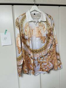 23-2 ドレス シャツ 長袖 XL VERSACE ヴェルサーチ ベルサーチ 風 柄シャツ Yシャツ 派手 バロック アニマル 総柄 チェーン柄