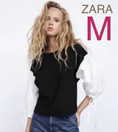 ZARA コントラストバルーンスリーブトップス ブラウスM