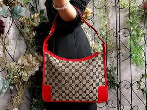 ●超美品●GUCCI グッチ●GGキャンバス カーフ レザー 本革●ショルダー バッグ●ベージュ 赤●G金具●肩掛け●B5 書類 かばん●Js53799