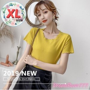 Solid color ラウンドフリル Tシャツ XLサイズ 美ライン 半袖 レディース オフィス カジュアル 無地 綺麗め K-088-2イエロー