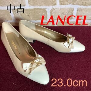 【売り切り!送料無料!】A-282 LANCEL!パンプス!23.0cm!ベージュ!ローヒール!太めヒール!歩きやすい!おしゃれ!可愛い!中古!