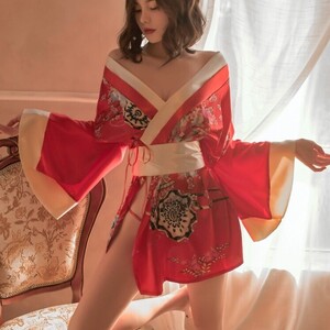 超セクシーランジェリー 和服 花柄 ベビードール「和服・Tバック・帯３点セット」コスチューム　コスプレ衣装　Pe456R