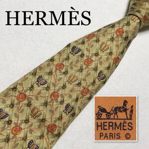 HERMES エルメス　ネクタイ　格子　バラの花と蝶　花柄　パピヨン　シルク100% フランス製　ライトグリーン　ビジネス