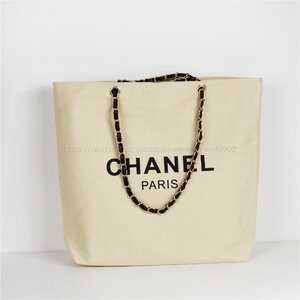 シャネル CHANEL ノベルティ VIPギフト トートバッグ チェーン 帆布 キャンバス 両面 プリント レディース ブランド ベージュ 非売品