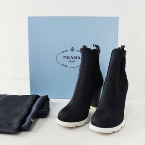 プラダ PRADA サイドゴア ショートブーツ 35(22cm相当)/ダークネイビーXブラック ヒール 後ロゴ【2400013745338】