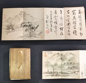 Y356 肉筆 彩色 絵入◆画帖◆書画 山水 風景 草花 在銘落款有 絵本 板挟 折帖 明治-大正戦前時代物 浮世絵UKIYOE 骨董古美術古文書和本古書